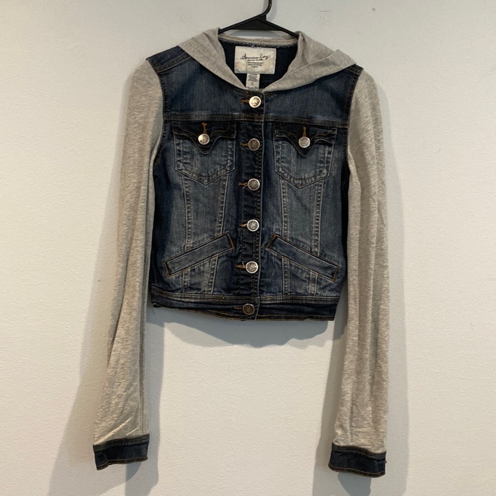 American Rag Jean Jacket with Sweatshirt Material Sleeves and Hood - Size Small